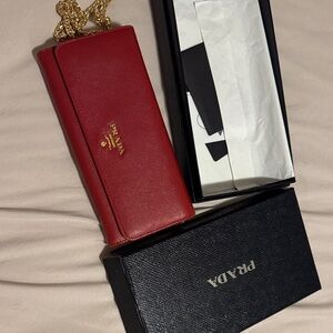 Authentic Prada Red Saffiano Leather Chain Wallet with chain box
